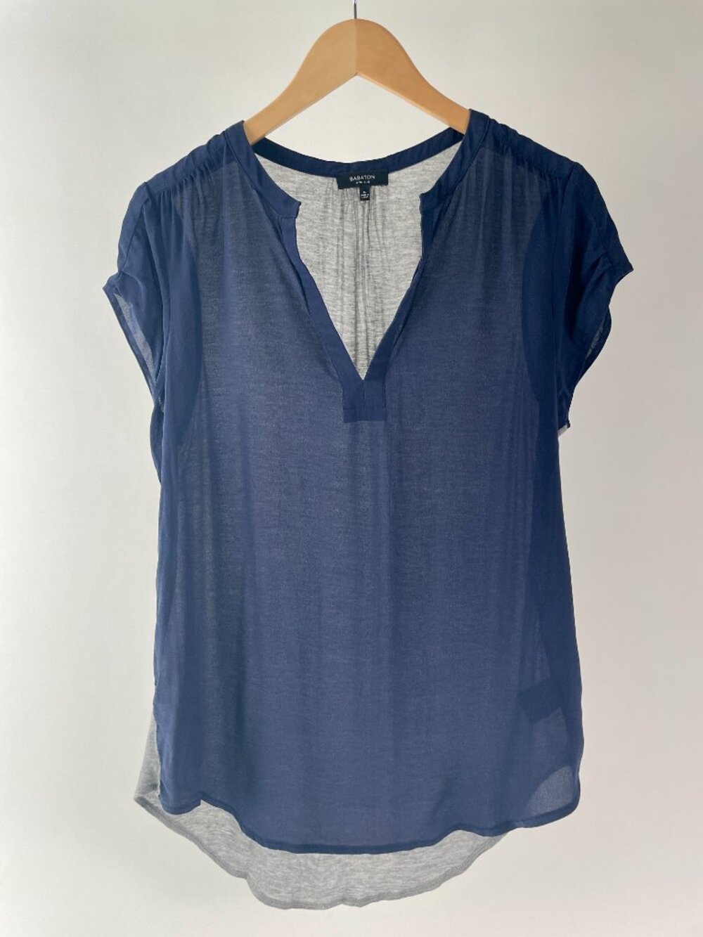 Babaton Phillip Silk And Jersey Short Sleeve Shirt, Navy/Grey, Size Medium